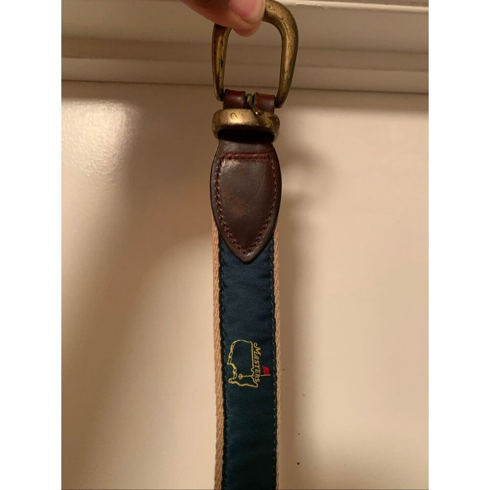 The Masters Augusta Nat'l Golf Belt 32/80 Green Brown Leather Logos Canvas Brass